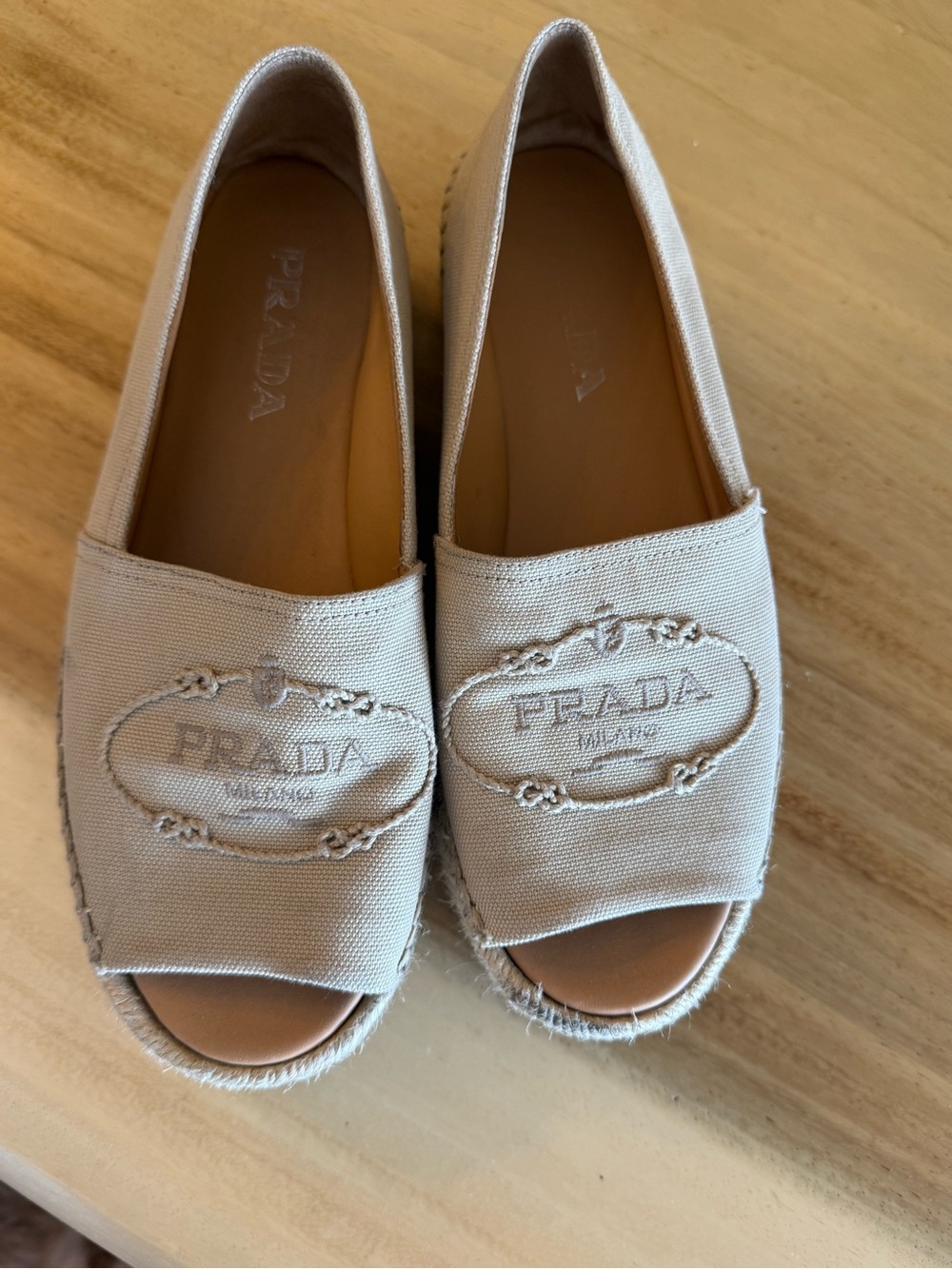 Prada Cream Canvas Peep-Toe Espadrilles with Embroidered Logo
